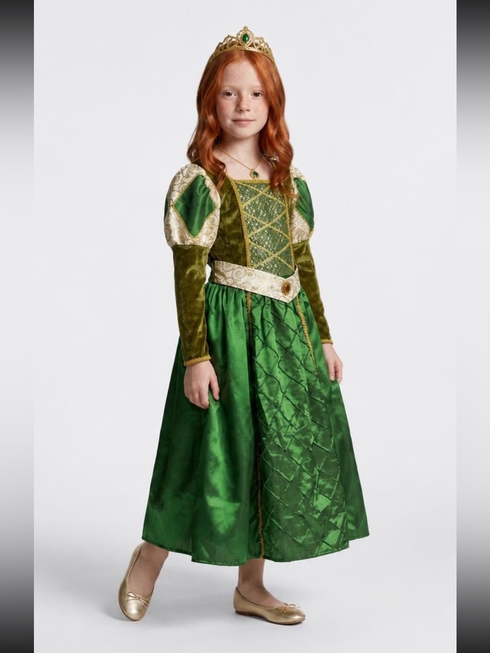 Girls' Green Princess Dress Costume with Gold Trim